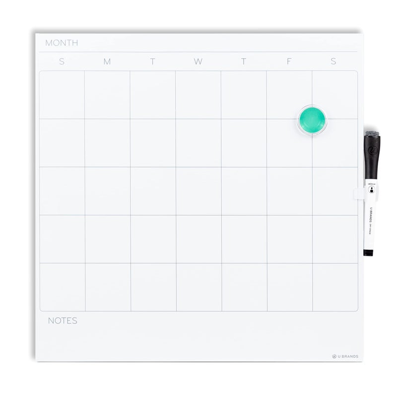 U Brands Square Magnetic Dry Erase Calendar White Board, 14" x 14", Frameless, Includes Marker and Magnet - Image 1